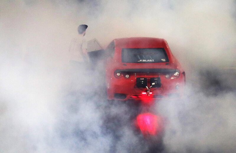 ABU DHABI , UNITED ARAB EMIRATES , APRIL 19 - 2018 :- One of the participant taking part in the drag racing at the Yas Super Street Challenge event held at Yas Marina Circuit in Abu Dhabi. ( Pawan Singh / The National ) For Weekend. Story by Adam Workman