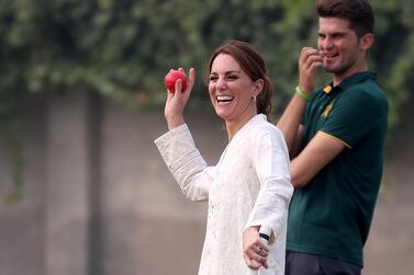 LAHORE, PAKISTAN - OCTOBER 17: Catherine, Duchess of Cambridge plays cricket during her visit at the National Cricket Academy during day four of their royal tour of Pakistan on October 17, 2019 in Lahore, Pakistan. The British Council runs the DOSTI program to promote sport as an integral part of child development. (Photo by Chris Jackson/Getty Images)