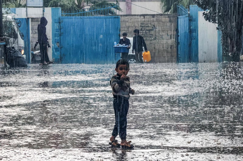 Lashing rain at a school run by the UN Relief and Works Agency for Palestine Refugees in the Near East (UNRWA) in Rafah in the southern Gaza Strip. AFP