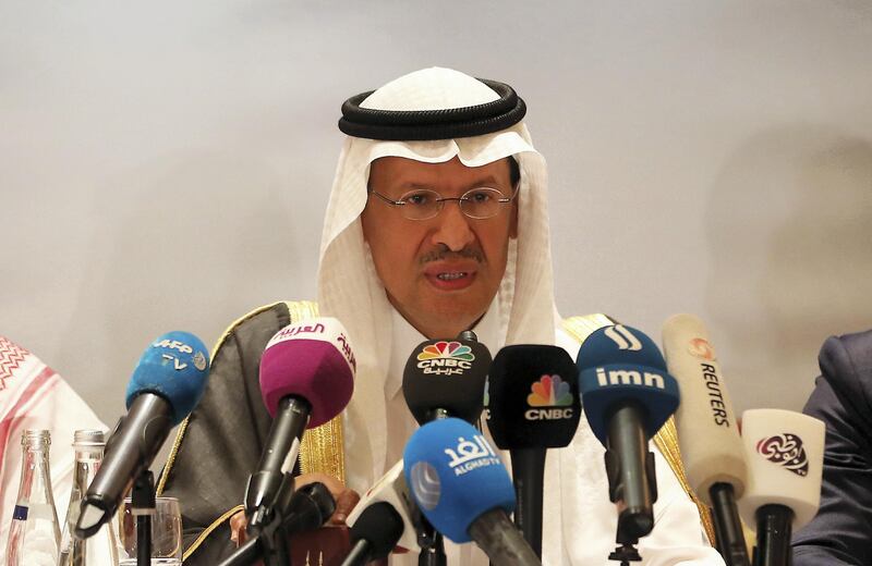 ABU DHABI ,  UNITED ARAB EMIRATES , SEPTEMBER 12 – 2019 :- Prince Abdul Aziz Bin Salman , Minister of Energy, Saudi Arabia talking to media after the Opec Joint Ministerial Monitoring Committee Meeting held at the Emirates Palace in Abu Dhabi. ( Pawan Singh / The National ) For Business. Story by Jennifer