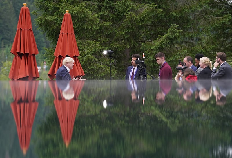 Boris Johnson speaks to press at the G7 summit. PA