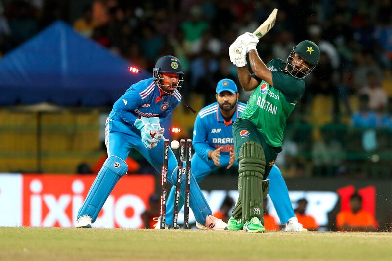 COLOMBO, SRI LANKA - SEPTEMBER 11: Fakhar Zaman of Pakistan bowled by Kuldeep Yadav of India during the Asia Cup Super Four match between India and Pakistan at R. Premadasa Stadium on September 11, 2023 in Colombo, Sri Lanka. (Photo by Surjeet Yadav / Getty Images)