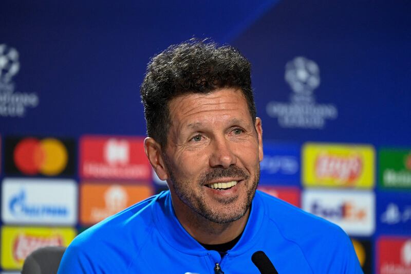 Atletico Madrid coach Diego Simeone addresses a press conference in Madrid on February 22, 2022, on the eve of their Champions League last 16 first leg against Manchester United. AFP