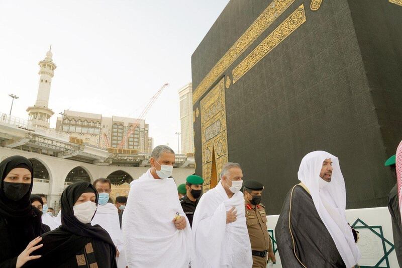 Iraqi Prime Minister Mustafa Al Kadhimi performs umrah at the Grand Mosque complex in the holy city of Makkah. Iraqi Prime Minister Media Office