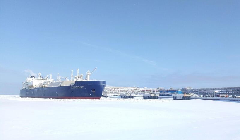 FILE PHOTO: The Christophe de Margerie, an ice-class tanker fitted out to transport liquefied natural gas, is docked in Arctic port of Sabetta, Yamalo-Nenets district, Russia March 30, 2017.  REUTERS/Olesya Astakhova/File Photo