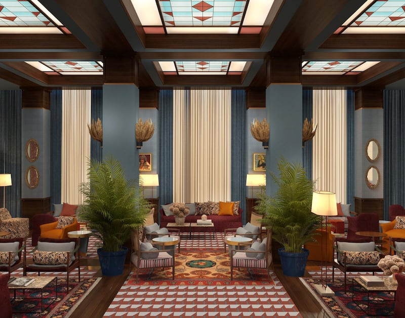 The club's second floor lounge. Interiors within the space will feature strong textures, playful patterns, and historical, Art Deco pieces of furniture. Courtesy The Arts Club