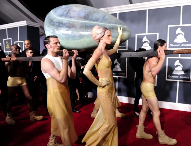 An egg-like container with singer Lady Gaga inside arrives for the 53rd Annual Grammy Awards at the Staples Center in Los Angeles, California on February 13, 2011. Robyn Beck / AFP photo