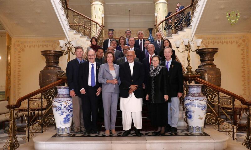 Afghanistan President Ashraf Ghani and U.S. House Speaker Nancy Pelosi pose for a photo in Kabul, Afghanistan, October 20, 2019. Picture taken October 20, 2019. Afghan Presidential Palace /Handout via REUTERS NO RESALES. NO ARCHIVES