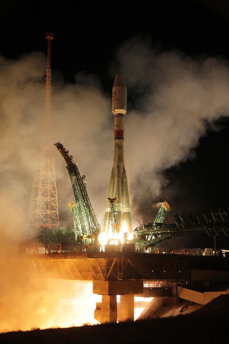 In this handout photo released by Roscosmos Space Agency Press Service, A Soyuz-2.1b launch vehicle takes-off with another 34 OneWeb satellites from the Baikonur Cosmodrome in Kazakhstan, Kazakhstan, Saturday, March 21, 2020. (Oleg Urusov, Roscosmos Space Agency Press Service via AP)