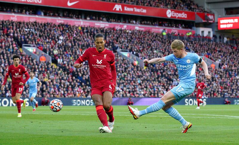 Manchester City's Kevin De Bruyne shoots at goal. PA