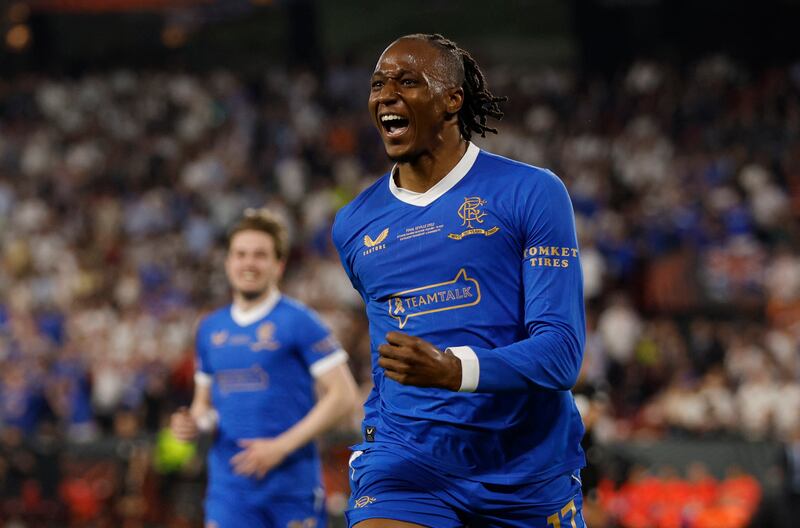 Joe Aribo celebrates giving Rangers the lead in normal time. Reuters