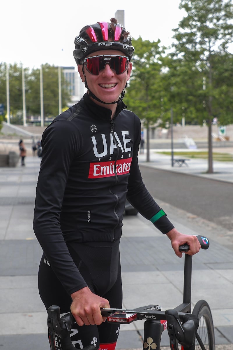 Slovenian rider Tadej Pogacar of the UAE Team Emirates reacts after a training session. EPA