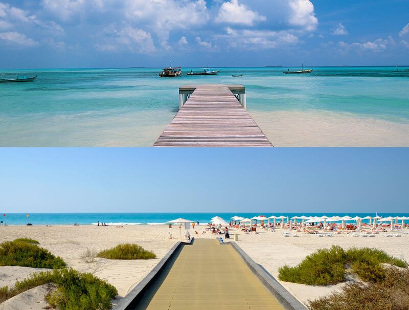 top: Boardwalk, Thulusdhoo, Maldives, Indian Ocean

BOTTOM: Public beach on Saadiyat Island in Abu Dhabi United Arab Emirates.

Getty Images / Alamy