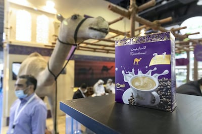 DUBAI, UNITED ARAB EMIRATES. 23 FEBRUARY 2021. Gulffood Exhibition at the Dubai World Trade Center. Instant coffee with Camel Milk powder product. (Photo: Antonie Robertson/The National) Journalist: Janice Rodriquez. Section: National.