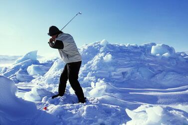 20 Mar 2002: Chip Thompson of the USA in action during the Drambuie World Ice Golf Championship in Uummannaq, Greenland. \ Mandatory Credit: Alex Livesey/Getty Images \