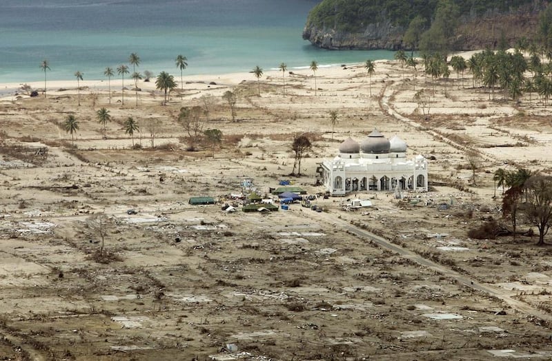 In this photo from january 20, 2005, the Rahmatullah Lampuuk Mosque stands intact after the 2004 tsunami hit the area in Lhoknga, near Banda Aceh, Indonesia. Greg Baker, File/AP Photo