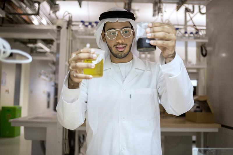 Mohamed Rashid Al Ghailani doing his experiments at Masdar Institute. Irene García León for The National