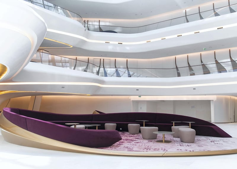 DUBAI, UNITED ARAB EMIRATES. 25 FEBRUARY 2020. 

Lobby of ME by Melia hotel. It is set to open next month. It is located in The Opus building by Zaha Hadid Architects. 

Both the interior and exterior is designed by the late Zaha Hadid, who founded Zaha Hadid Architects (ZHA).

(Photo: Reem Mohammed/The National)

Reporter:
Section: