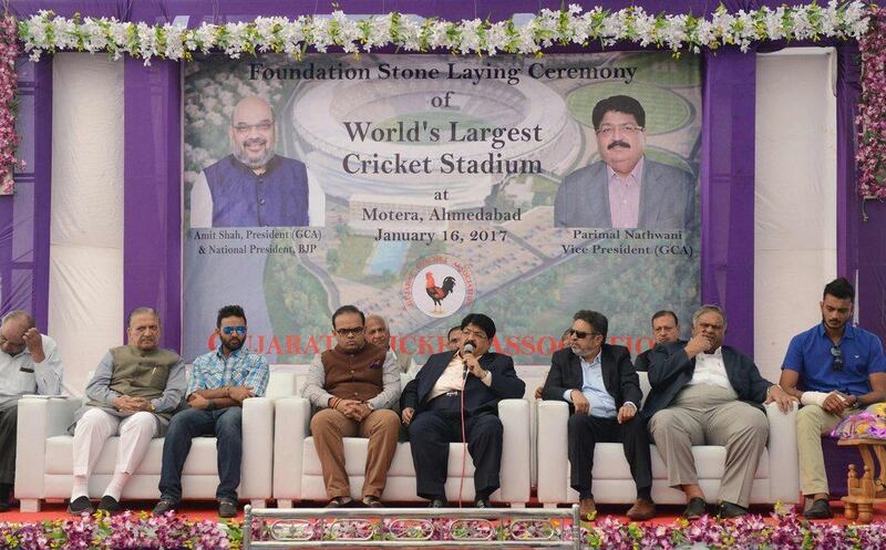 Indian Vice President of the Gujarat Cricket Association Parimal Nathwani (centre), GCA Joint Secretary Jay Shah (fourth from left), Indian cricketer Parthiv Patel third from (left) and Senior Executive Vice President and Director at Larsen & Toubro MV Satish (third from right) take part in a foundation-stone-laying ceremony of a proposed cricket stadium in Motera on January 16, 2017. Sam Panthaky / AFP