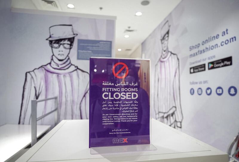 Abu Dhabi, United Arab Emirates, May 10, 2020.  
 The reopening of the Al Wahda Mall during the Coronavirus pandemic.  The MAX store with Fitting Rooms Closed signs.
Victor Besa/The National
Section:  NA
Reporter: