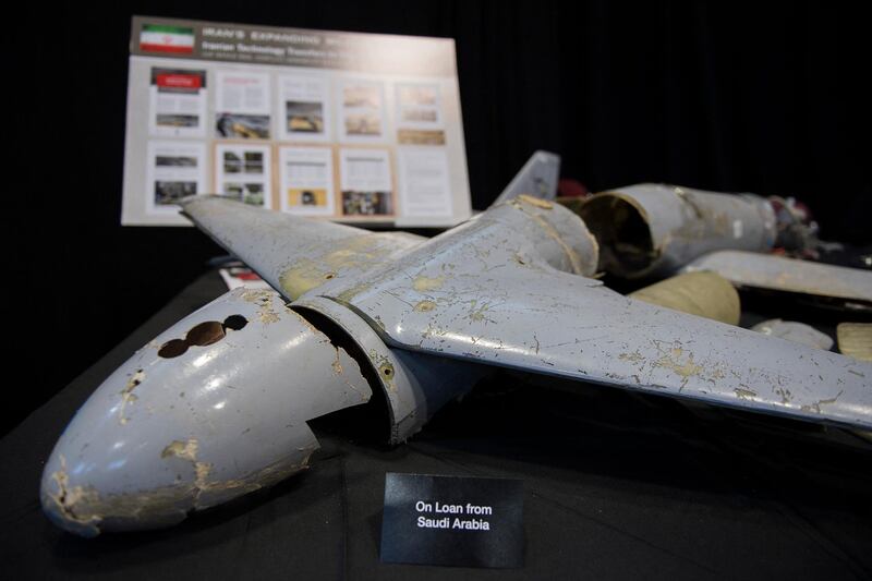 A kamikaze drone is seen on display after US Ambassador to the United Nations Nikki Haley unveiled previously classified information intending to prove Iran violated UNSCR 2231 by providing the Houthi rebels in Yemen with arms during a press conference at Joint Base Anacostia in Washington, DC, on December 14, 2017. - Haley said Thursday that a missile fired by Huthi militants at Saudi Arabia last month had been made in Iran. "It was made in Iran then sent to Huthi militants in Yemen," Haley said of the missile. (Photo by JIM WATSON / AFP)