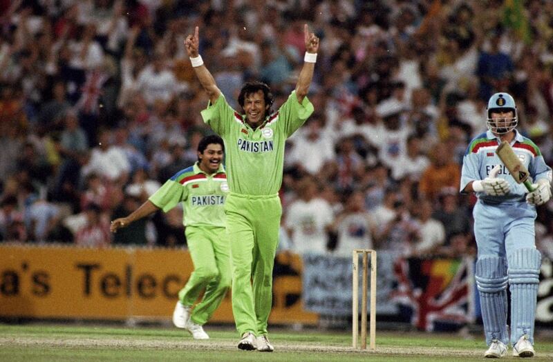 25 Mar 1992:  Imran Khan of Pakistan celebrates after taking the wicket of Richard Illingworth of England to win the World Cup Final at the Melbourne Cricket Ground in Australia. \ Mandatory Credit: Joe Mann /Allsport