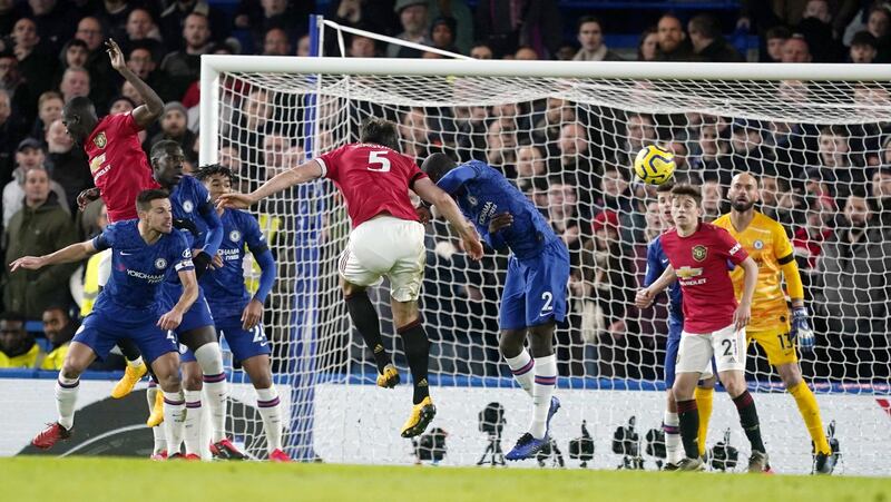 Harry Maguire (No 5) of Manchester United scores their second goal. EPA