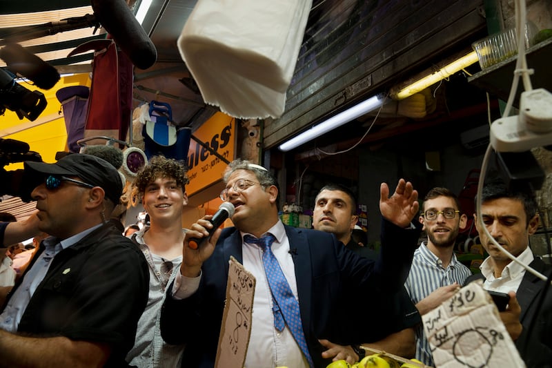 Israeli far-right politician Itamar Ben Gvir campaigns in the Machane Yehuda Market in Jerusalem. AP
