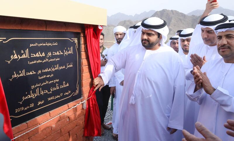 Sheikh Mohammed bin Hamad Al Sharqi, Crown Prince of Fujairah, lays the foundation stone for a new sports stadium in Dibba. Wam