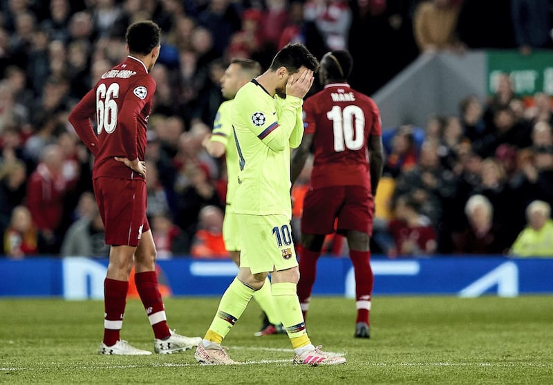 LIVERPOOL, ENGLAND - MAY 07: Lionel Messi of FC Barcelona reacts during the UEFA Champions League Semi Final second leg match between Liverpool and Barcelona at Anfield on May 07, 2019 in Liverpool, England. (Photo by Quality Sport Images/Getty Images)
