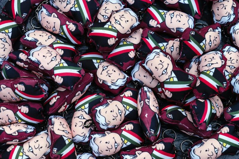 Key rings featuring the likeness of Andres Manuel Lopez Obrador are displayed. Bloomberg