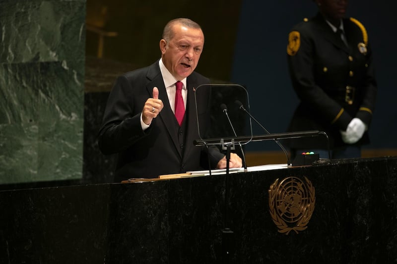 Recep Tayyip Erdogan, Turkey's president, speaks during the UN General Assembly meeting in New York, U.S. Erdogan used his speech to reinforce his image as a champion of the underdog -- and particularly of Muslims he says are being oppressed. Bloomberg
