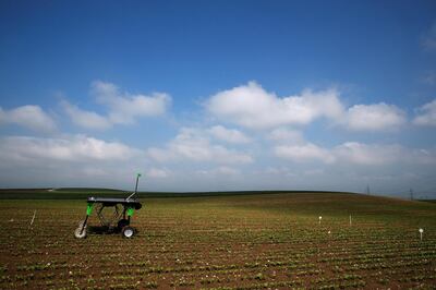 REFILE - ADDING PICTURE TAKEN  The prototype of an autonomous weeding machine by Swiss start-up ecoRobotix is pictured during tests on a sugar beet field near Bavois, Switzerland May 18, 2018. Picture taken May 18, 2018. REUTERS/Denis Balibouse