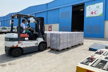 Workers load 30 tonnes of aid into two aircraft to be sent to Beirut to help in the recovery following a massive blast that tore through the Lebanese capital this month. Courtesy: Dubai Media Office