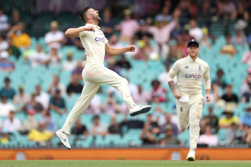 Mark Wood of England celebrates the wicket of Marnus Labuschagne of Australia. Getty Images
