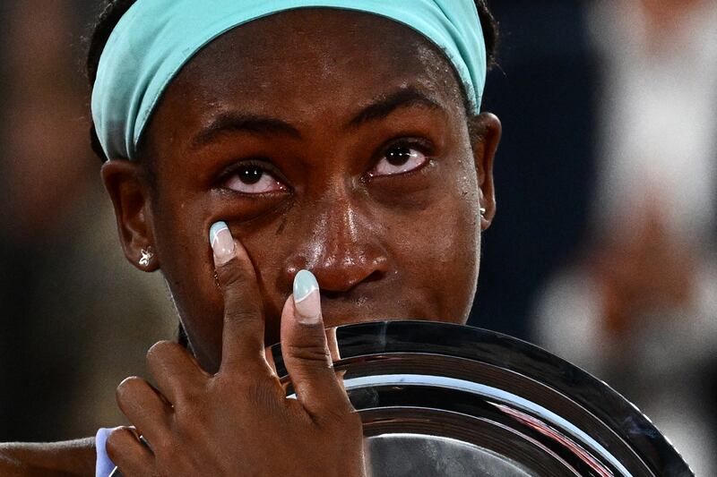  Coco Gauff reacts during the trophy ceremony. AFP