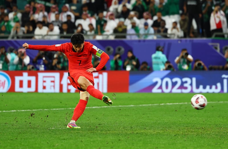 South Korea's Son Heung-min scores during the penalty shootout. Reuters