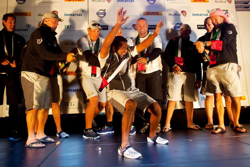 Adil Khalid of Abu Dhabi Ocean Racing and team celebrate after completing the second leg of the Volvo Ocean Race in Abu Dhabi on January 4, 2012. Christopher Pike / The National

For story by: 43314
Job ID: To Be Determined