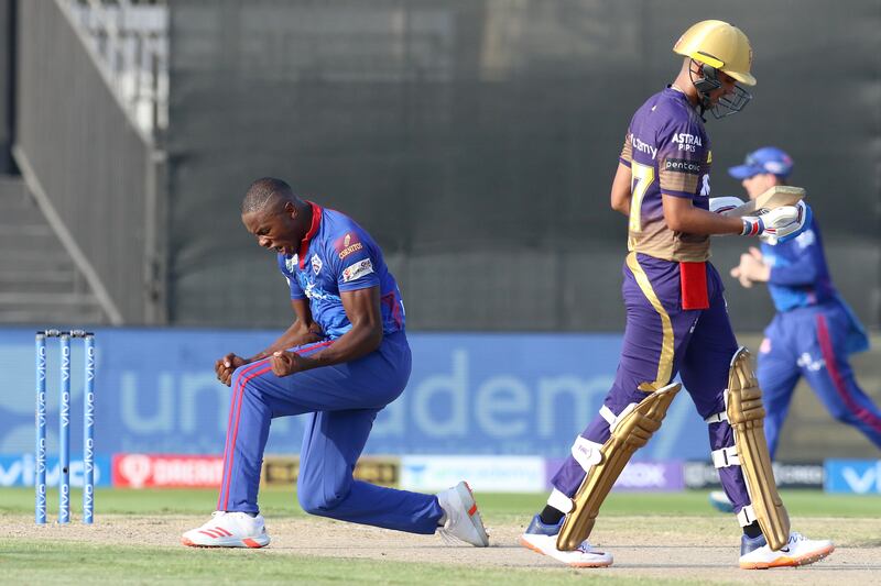 Kagiso Rabada of Delhi Capitals celebrates the wicket of Shubman Gill in Sharjah. Sportzpics for IPL