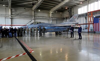 Jens Stoltenberg and Andrzej Duda hold a press conference at Lask airbase in Poland. Reuters