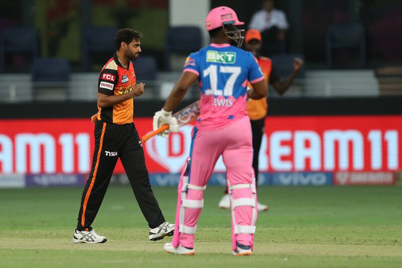 Bhuvneshwar Kumar of Sunrisers Hyderabad celebrates the wicket of Evin Lewis. Sportzpics for IPL