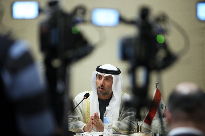 OPEC President UAE Energy Minister Suhail al-Mazrouei gives a joint press conference with Iraqi oil minister, Algerian energy minister and OPEC governor for Kuwait, at the end of the Organization of Arab Petroleum Exporting Countries (OAPEC) meeting in Kuwait City on December 23, 2018. / AFP / Yasser Al-Zayyat
