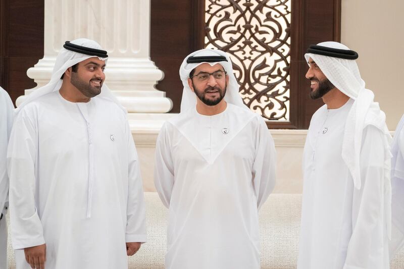 ABU DHABI, UNITED ARAB EMIRATES - May 27, 2019: (R-L) HH Sheikh Nahyan Bin Zayed Al Nahyan, Chairman of the Board of Trustees of Zayed bin Sultan Al Nahyan Charitable and Humanitarian Foundation, HH Sheikh Hamdan bin Zayed Al Nahyan, Ruler’s Representative in Al Dhafra Region and HH Sheikh Mohamed bin Hamad Al Sharqi, Crown Prince of Fujairah, attend an iftar reception at Al Bateen Palace.

( Mohamed Al Hammadi / Ministry of Presidential Affairs )
---