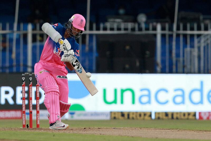 Yashasvi Jaiswal of RR plays a shot during match 4 of season 13 of the Indian Premier League (IPL) between Rajasthan Royals 
and Chennai Super Kings held at the Sharjah Cricket Stadium, Sharjah in the United Arab Emirates on the 24th September 2020.  Photo by: Rahul Gulati  / Sportzpics for BCCI