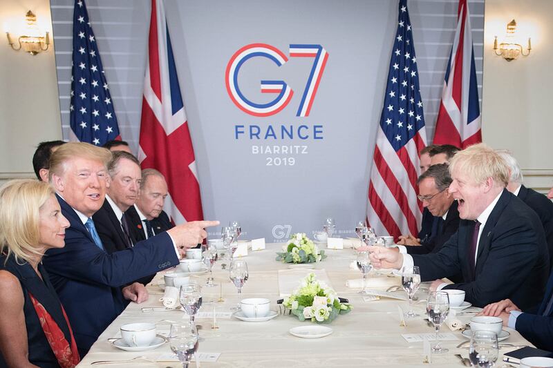 August 2019: Then-US president Donald Trump and Boris Johnson attend a bilateral meeting during the G7 summit in Biarritz, France. The pair exchanged warm words despite vast differences in their positions on geopolitics and global trade.