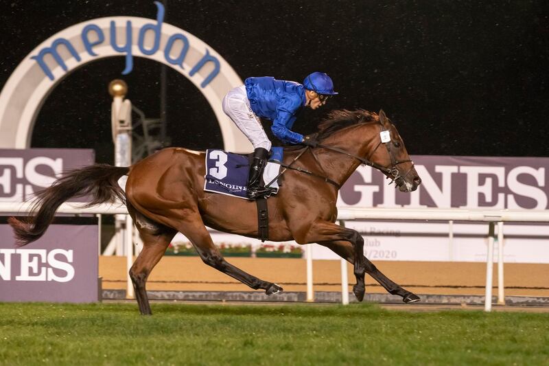 DUBAI, UNITED ARAB EMIRATES. 09 JANUARY 2020. Horse Racing. 8th Race Meeting at Meydan Racecourse. Race 4: Thoroughbreds, Singspiel Stakes, winner Nr 3, Benbatl (GB) 6 years old ridden by Christophe Soumillon and trained by Saeed Bin Suroor. (Photo: Antonie Robertson/The National) Journalist: Amith Passela. Section: Sport.

