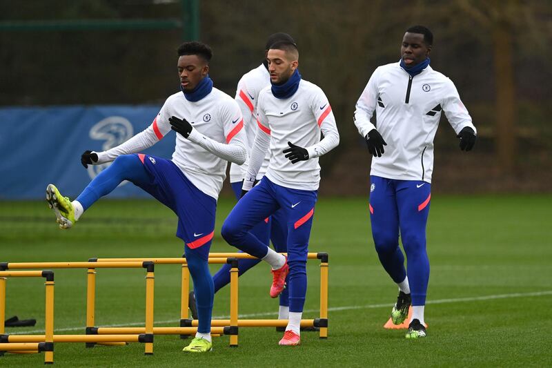 COBHAM, ENGLAND - FEBRUARY 22: Callum Hudson-Odoi, Hakim Ziyech and Kurt Zouma of Chelsea during a training session at Chelsea Training Ground on February 22, 2021 in Cobham, England. (Photo by Darren Walsh/Chelsea FC via Getty Images)