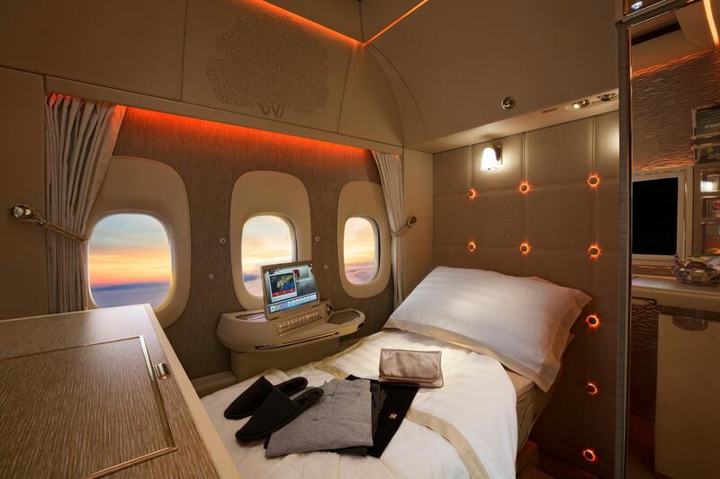 Emirates' newly-configured First Class cabin has fully enclosed private suites. Emirates