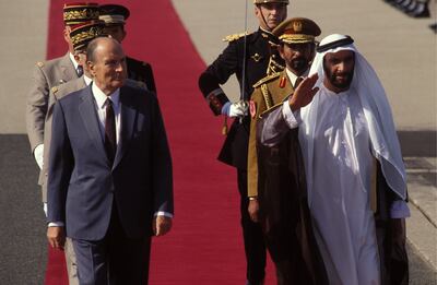The UAE's Founding Father, Sheikh Zayed bin Sultan, pictured with France's then-president Francois Mitterrand during his 1991 trip to France. Getty 