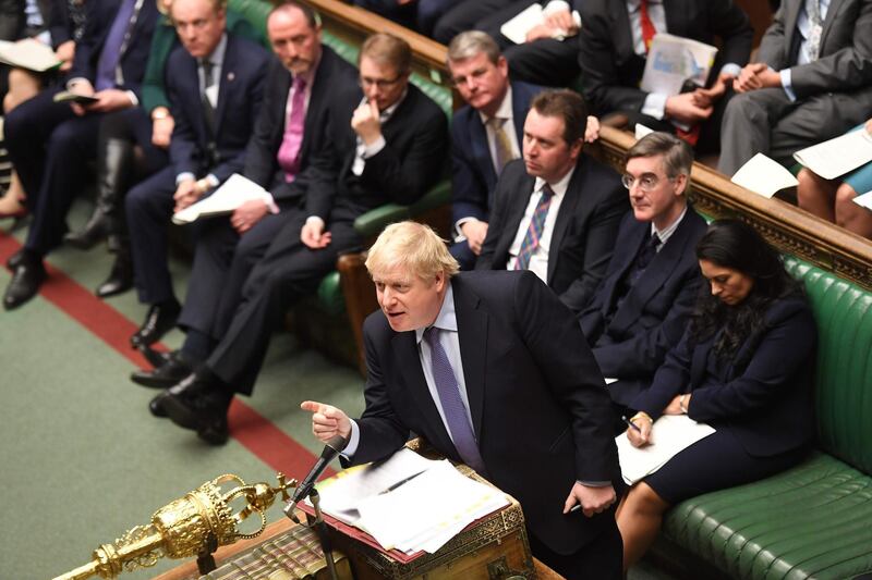 A handout picture released by the UK Parliament shows Britain's Prime Minister Boris Johnson speaking during Prime Minister's Questions (PMQs) in the House of Commons in London on February 26, 2020.  - RESTRICTED TO EDITORIAL USE - MANDATORY CREDIT " AFP PHOTO / UK PARLIAMENT / JESSICA TAYLOR  " - NO USE FOR ENTERTAINMENT, SATIRICAL, MARKETING OR ADVERTISING CAMPAIGNS - EDITORS NOTE THE IMAGE HAS BEEN DIGITALLY ALTERED AT SOURCE TO OBSCURE VISIBLE DOCUMENTS
 / AFP / UK PARLIAMENT / JESSICA TAYLOR / RESTRICTED TO EDITORIAL USE - MANDATORY CREDIT " AFP PHOTO / UK PARLIAMENT / JESSICA TAYLOR  " - NO USE FOR ENTERTAINMENT, SATIRICAL, MARKETING OR ADVERTISING CAMPAIGNS - EDITORS NOTE THE IMAGE HAS BEEN DIGITALLY ALTERED AT SOURCE TO OBSCURE VISIBLE DOCUMENTS
